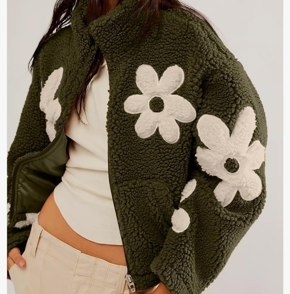 Maixang Womens Floral Print Sherpa Fleece Jackets Winter Zipper Cropped Coat - Picture 1 of 5